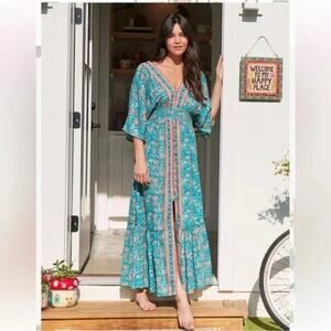 Natural Life Womens Teal Floral Vines Celia Maxi Dress Medium